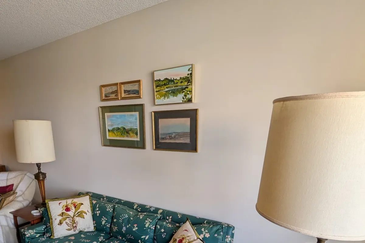 Framed landscape paintings grouped and hung above a floral sofa